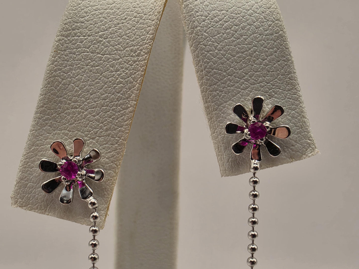 14K White Gold Ruby and Pearl Dangle Earrings Floral Ruby Freshwater Pearl Drop Ball Chain Long Earrings July Birthstone Gift for Her