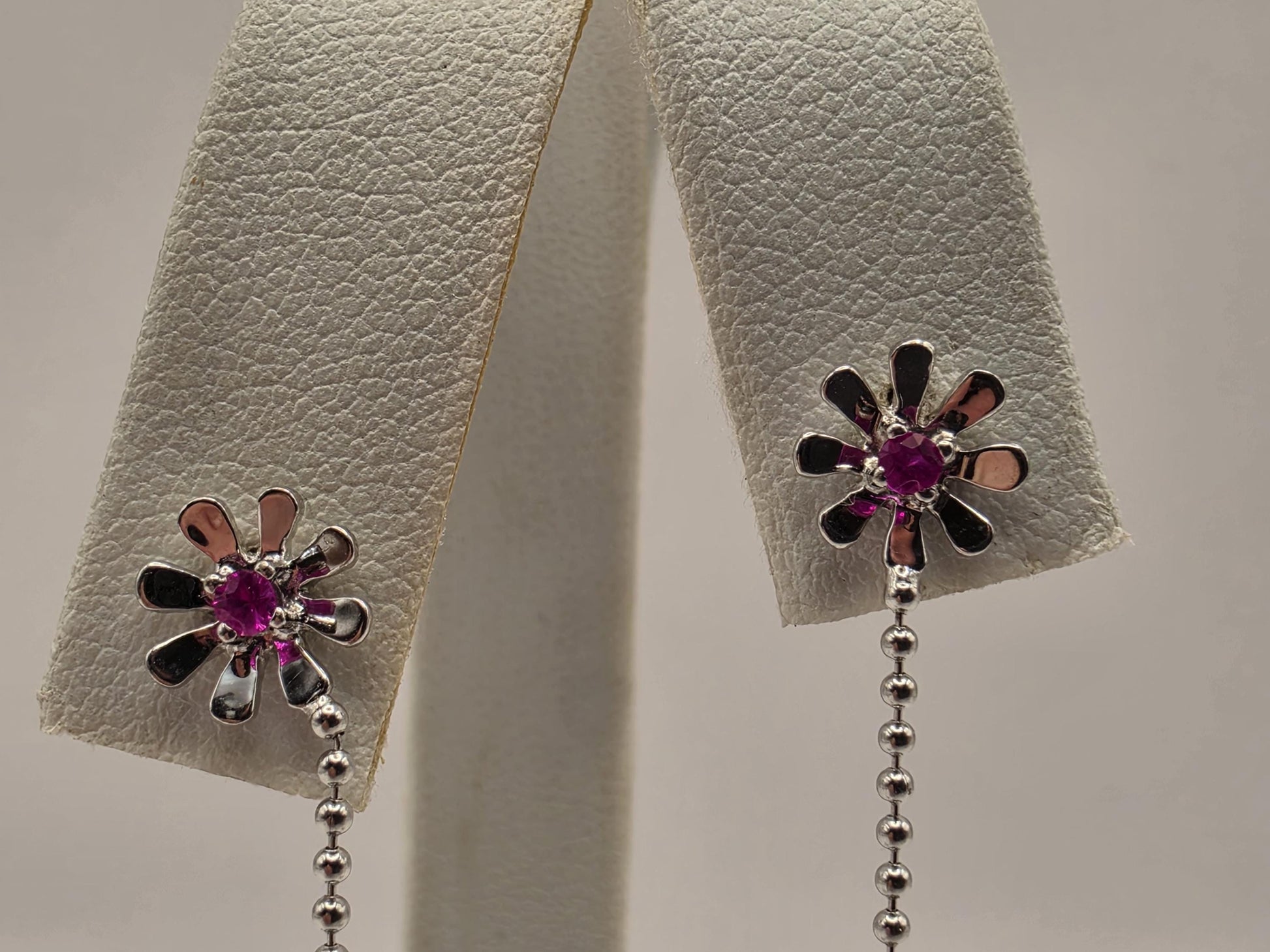 14K White Gold Ruby and Pearl Dangle Earrings Floral Ruby Freshwater Pearl Drop Ball Chain Long Earrings July Birthstone Gift for Her