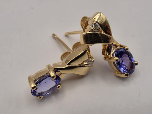 14K Yellow Gold Tanzanite Diamond Stud Earrings Oval Natural Tanzanite Studs December Birthstone Purple Blue Gemstone Gift for Her