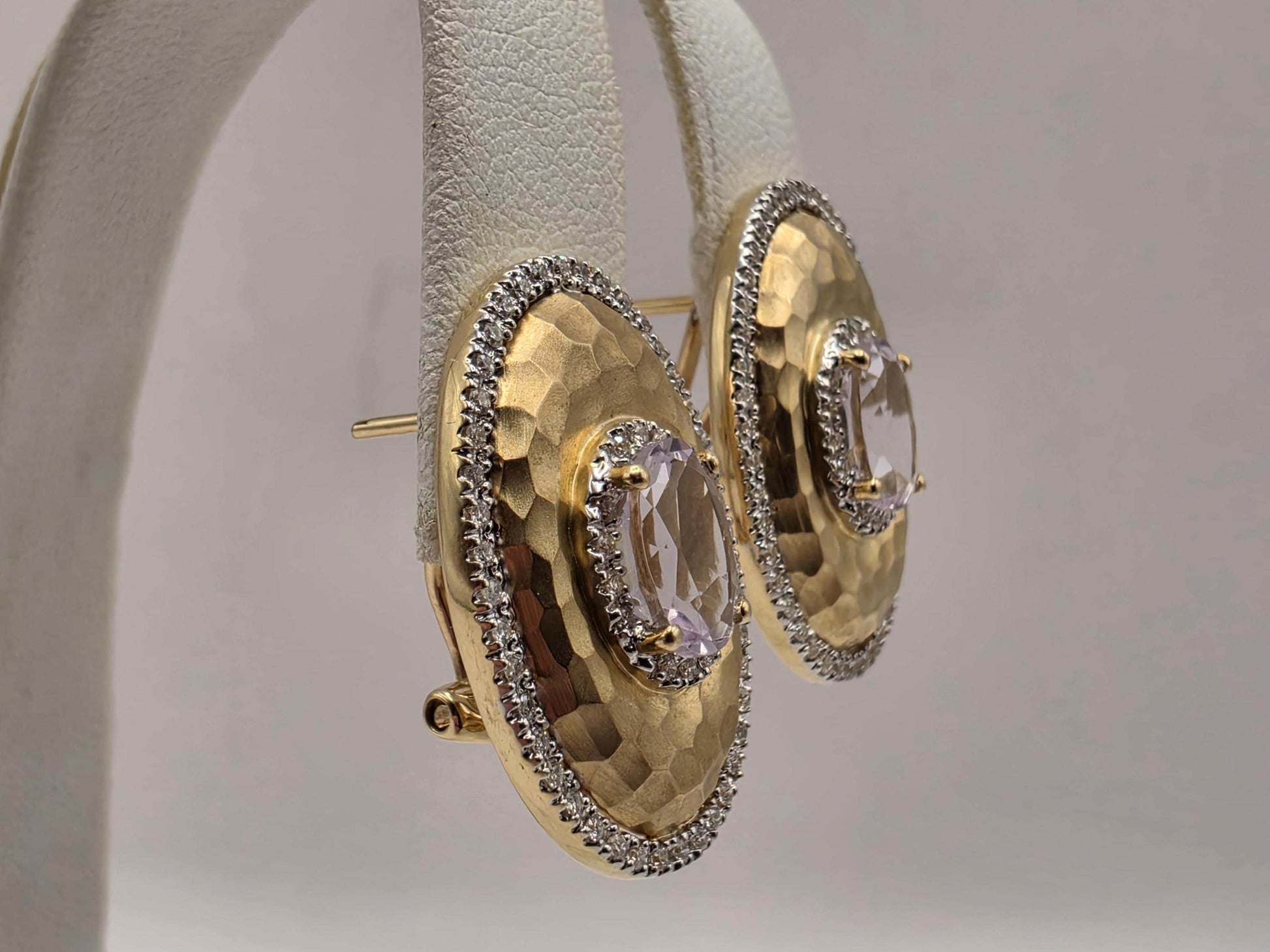 14K Yellow Gold Pink Amethyst Diamond Earrings Hammered Oval Halo Omega Back Statement Earrings Fine Jewelry Gift for Her Estate Style