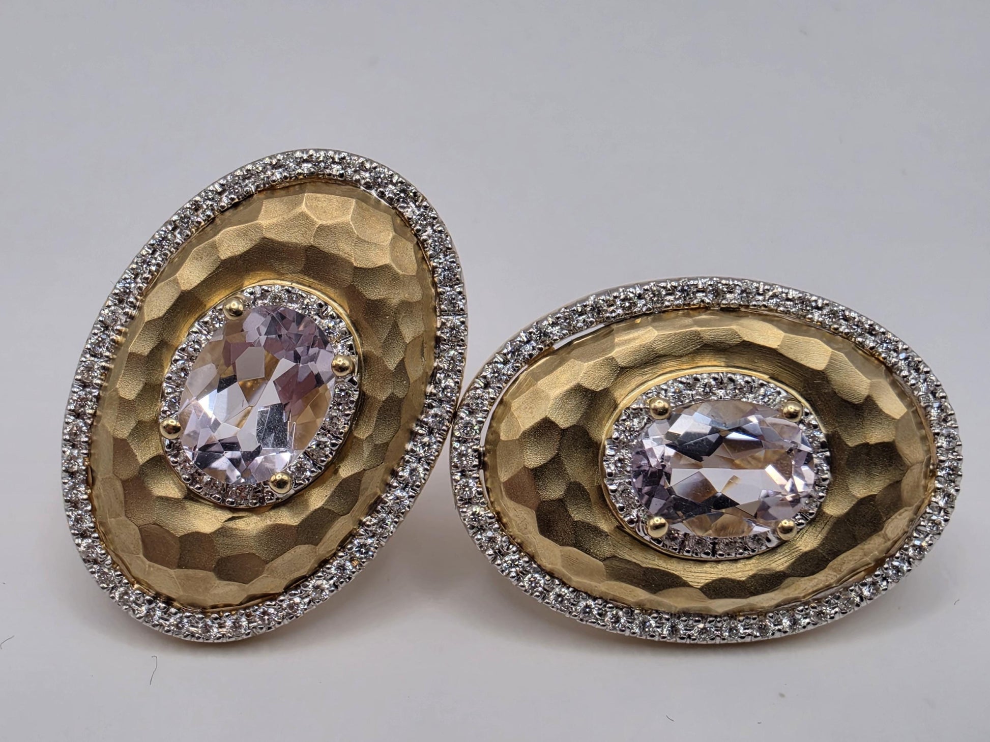 14K Yellow Gold Pink Amethyst Diamond Earrings Hammered Oval Halo Omega Back Statement Earrings Fine Jewelry Gift for Her Estate Style