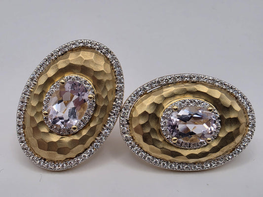 14K Yellow Gold Pink Amethyst Diamond Earrings Hammered Oval Halo Omega Back Statement Earrings Fine Jewelry Gift for Her Estate Style