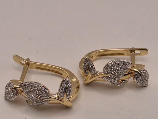 14K Two Tone Gold Diamond Leaf Earrings Pave Natural Diamond Floral Vine Huggie Lever Back Earrings Fine Jewelry Gift for Her Nature