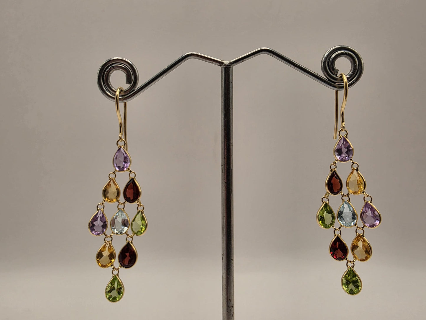4K Yellow Gold Multi Gemstone Chandelier Earrings Amethyst Citrine Garnet Peridot Blue Topaz Rainbow Drop Dangle Earrings Gift for Her