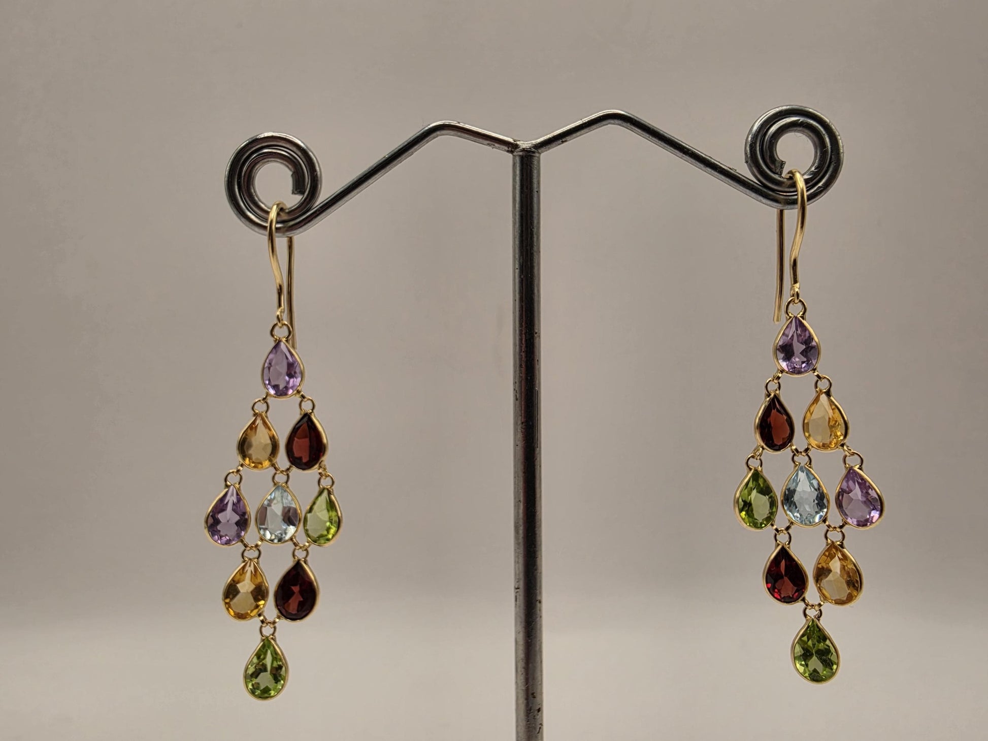 4K Yellow Gold Multi Gemstone Chandelier Earrings Amethyst Citrine Garnet Peridot Blue Topaz Rainbow Drop Dangle Earrings Gift for Her