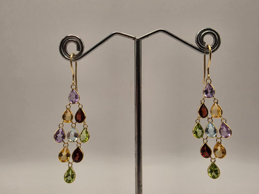 4K Yellow Gold Multi Gemstone Chandelier Earrings Amethyst Citrine Garnet Peridot Blue Topaz Rainbow Drop Dangle Earrings Gift for Her