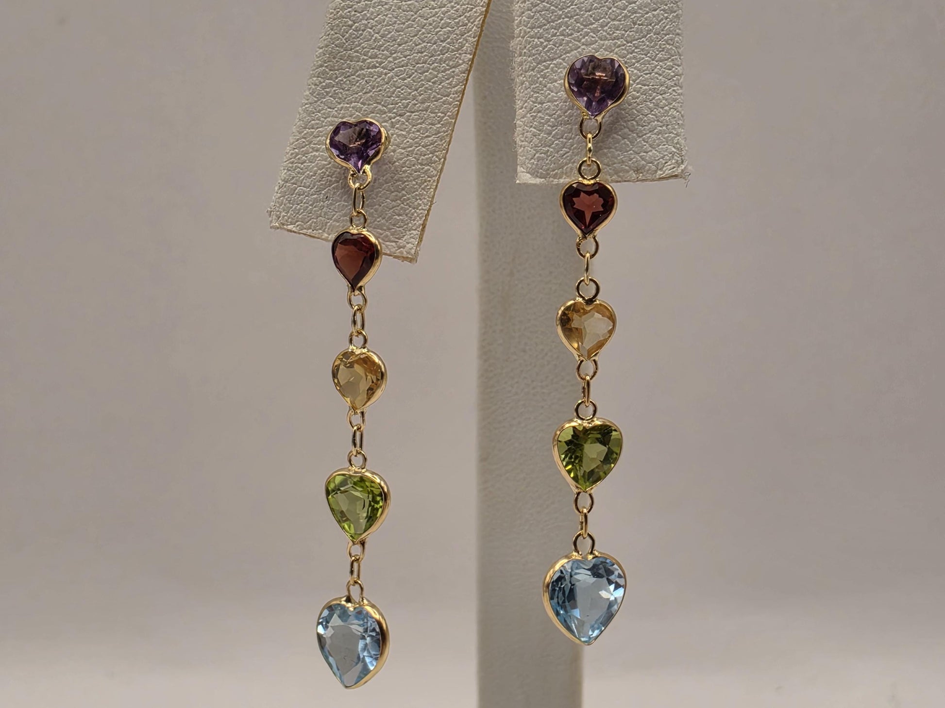 14K Yellow Gold Multi Gemstone Drop Earrings Amethyst Garnet Citrine Peridot Blue Topaz Heart Linear Dangle Earrings Gift for Her