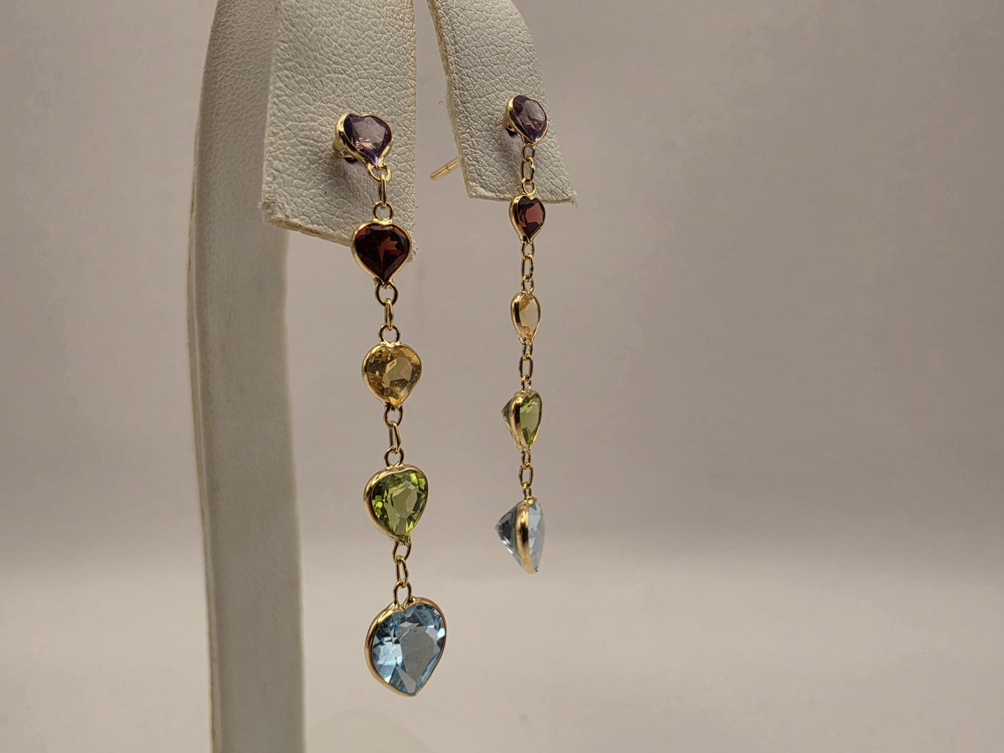14K Yellow Gold Multi Gemstone Drop Earrings Amethyst Garnet Citrine Peridot Blue Topaz Heart Linear Dangle Earrings Gift for Her