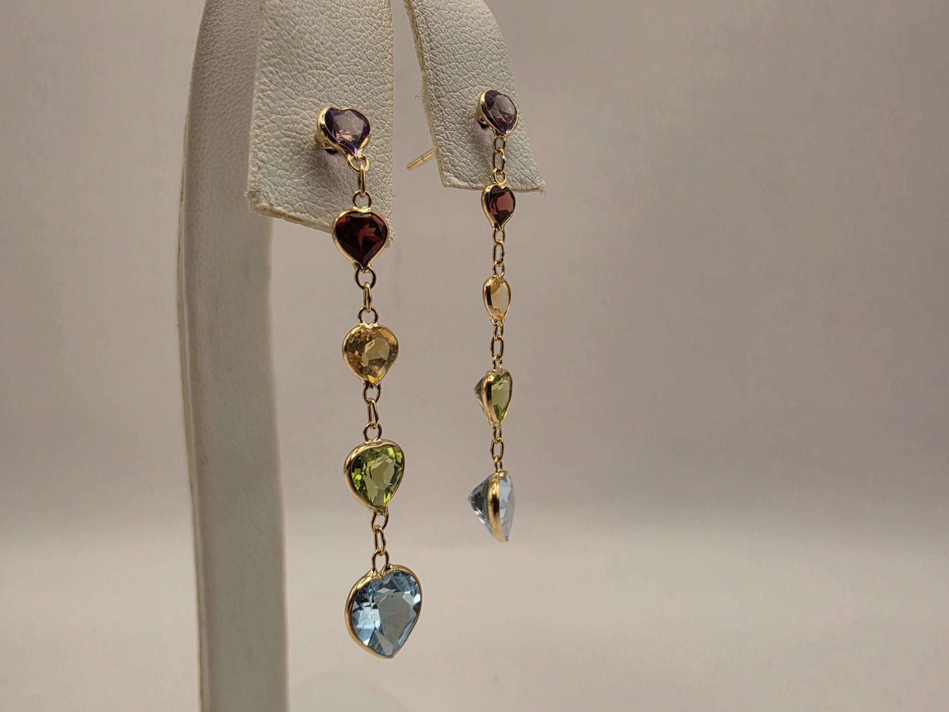 14K Yellow Gold Multi Gemstone Drop Earrings Amethyst Garnet Citrine Peridot Blue Topaz Heart Linear Dangle Earrings Gift for Her