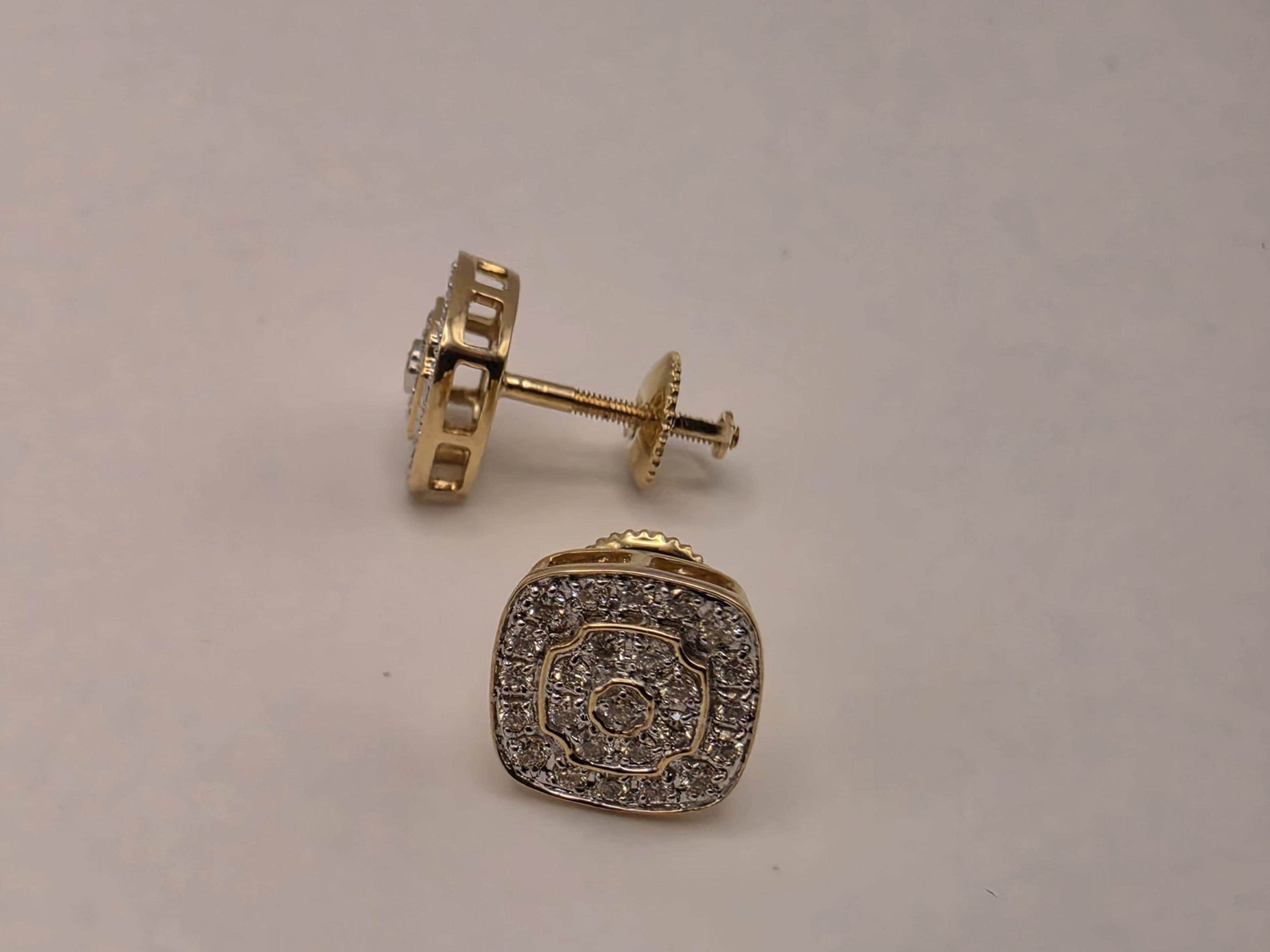 10K Yellow Gold Diamond Cluster Stud Earrings Pave Natural Diamond Square Cushion Studs Screw Back Fine Jewelry Gift for Him Her