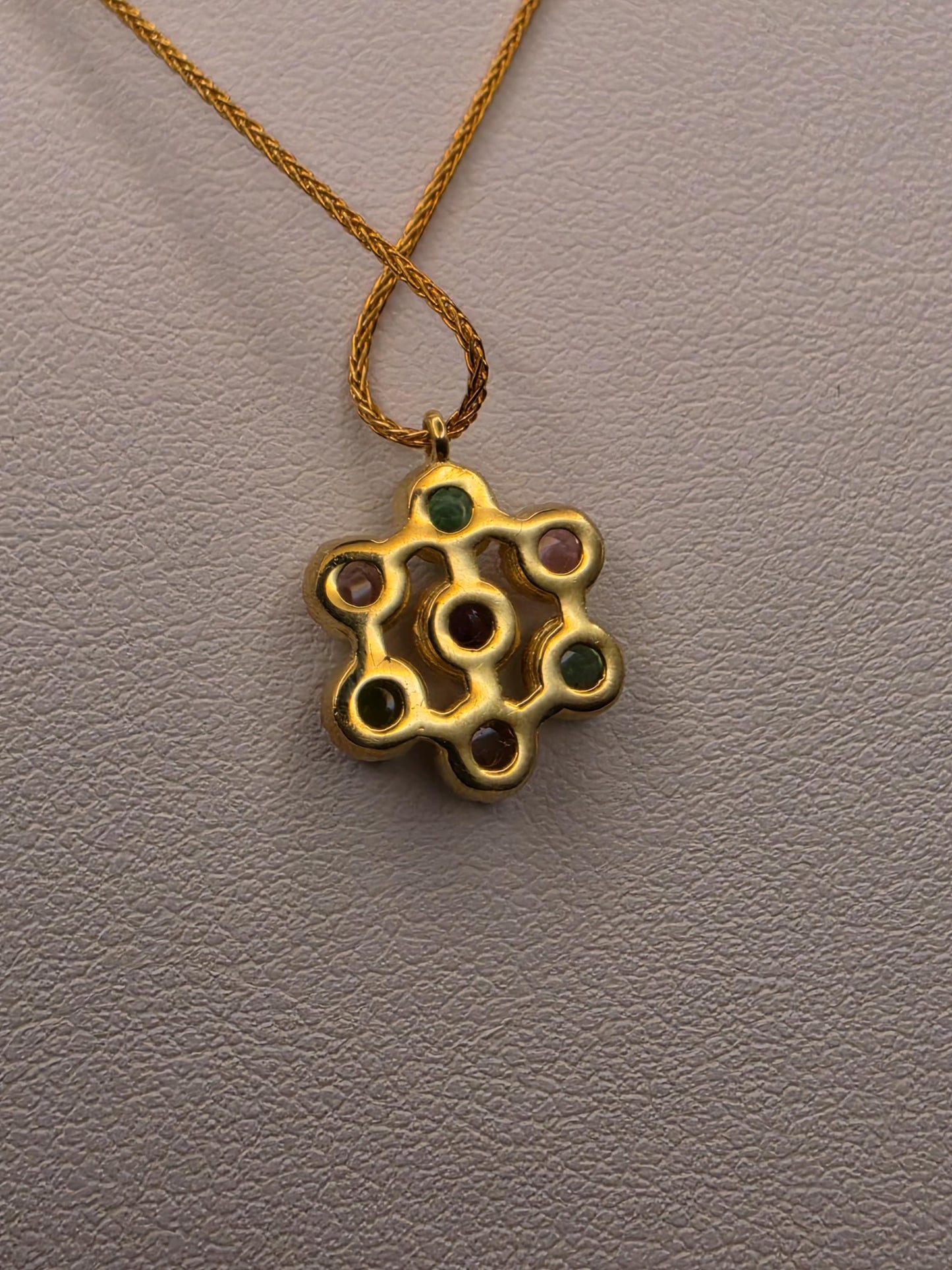 14K Yellow Gold Pink Green Tourmaline Flower Necklace Cabochon Gemstone Cluster Pendant Vintage Floral 18 Inch
