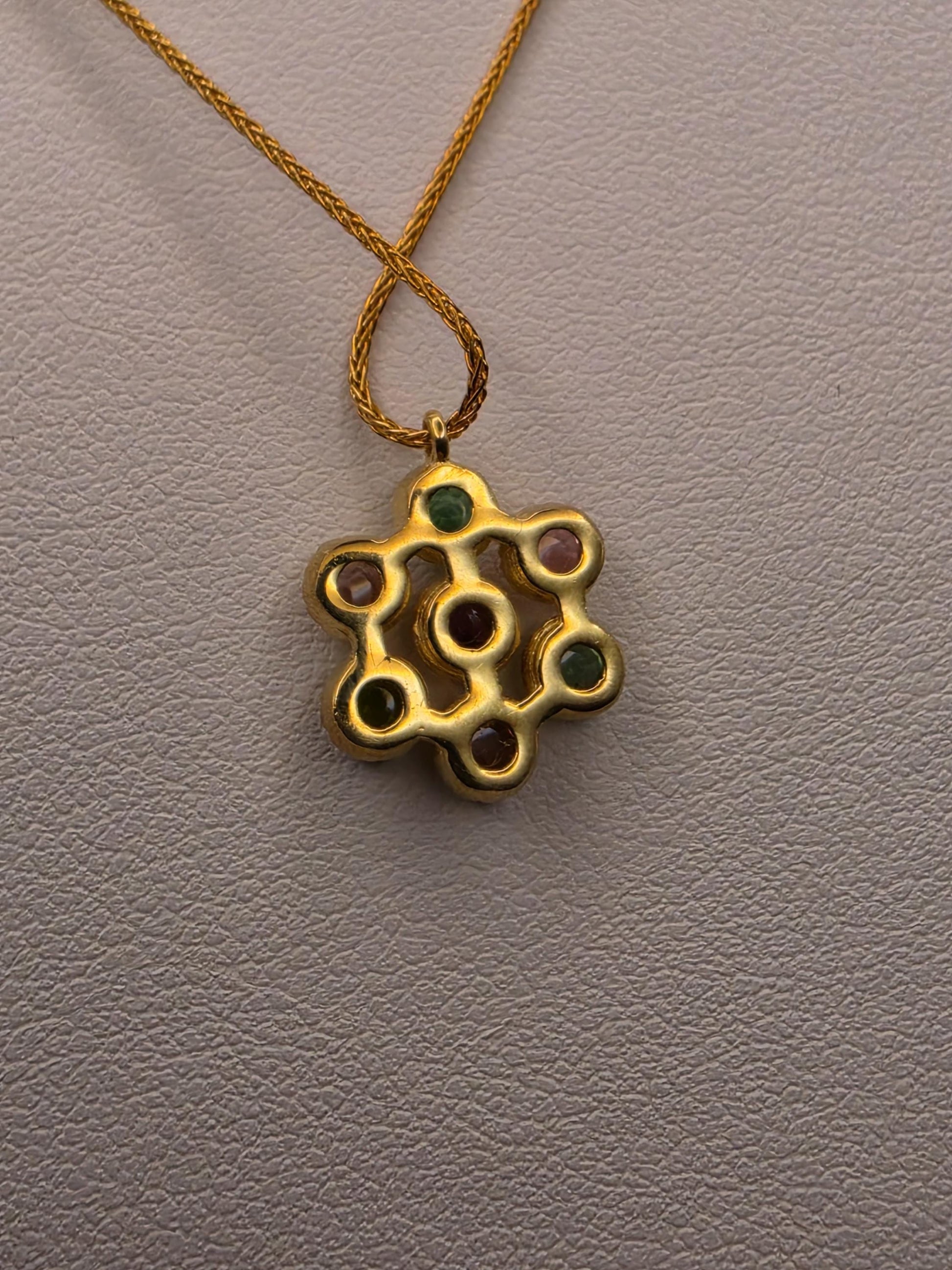 14K Yellow Gold Pink Green Tourmaline Flower Necklace Cabochon Gemstone Cluster Pendant Vintage Floral 18 Inch