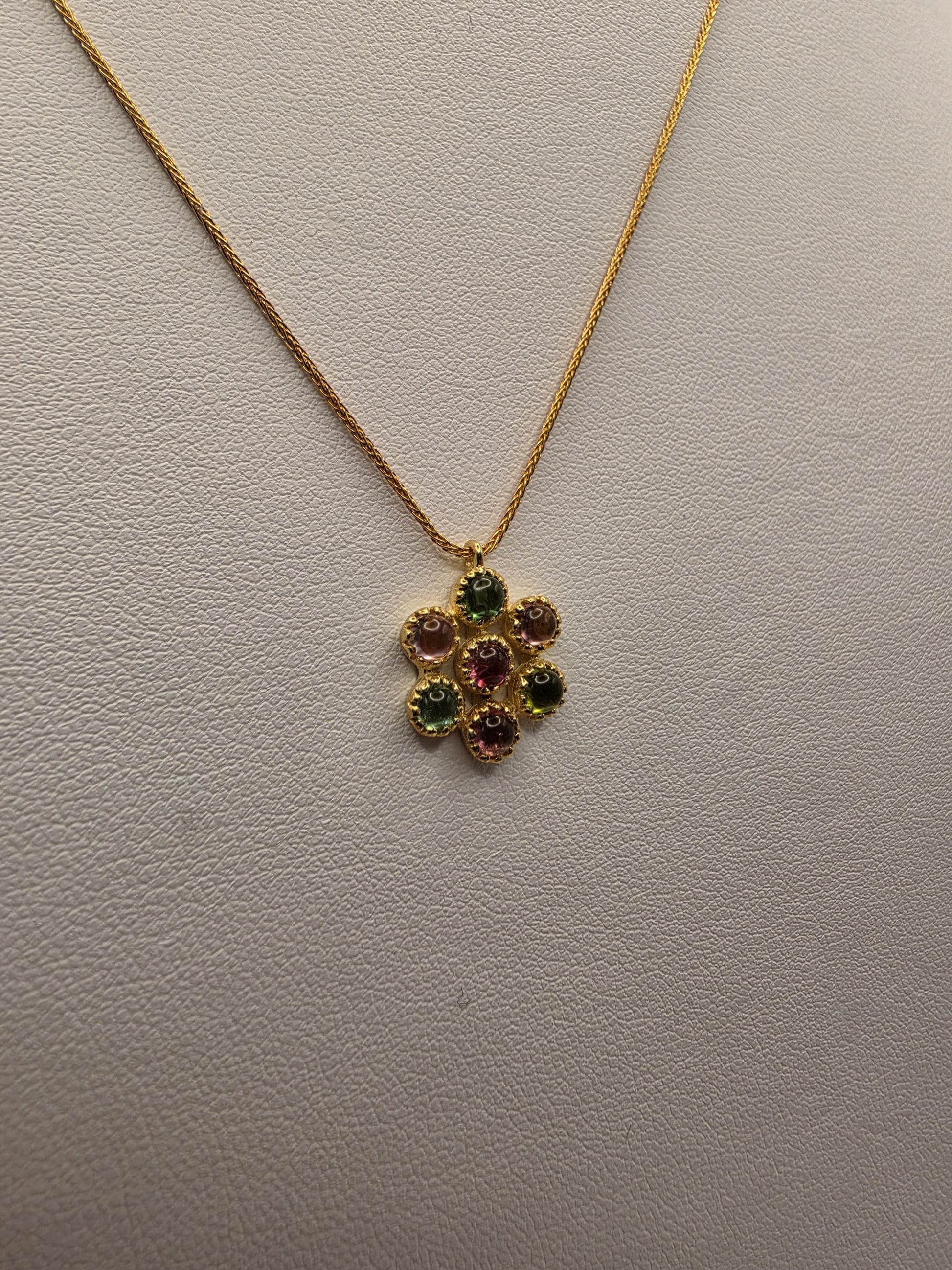 14K Yellow Gold Pink Green Tourmaline Flower Necklace Cabochon Gemstone Cluster Pendant Vintage Floral 18 Inch
