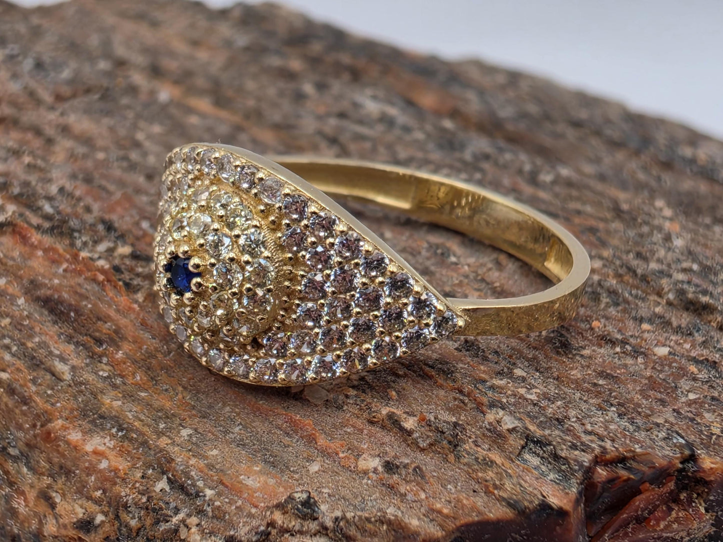 14K Yellow Gold CZ Pave Dome Ring | Blue Accent Cocktail Ring | Size 8 | Cubic Zirconia Statement Band | Gift for Her