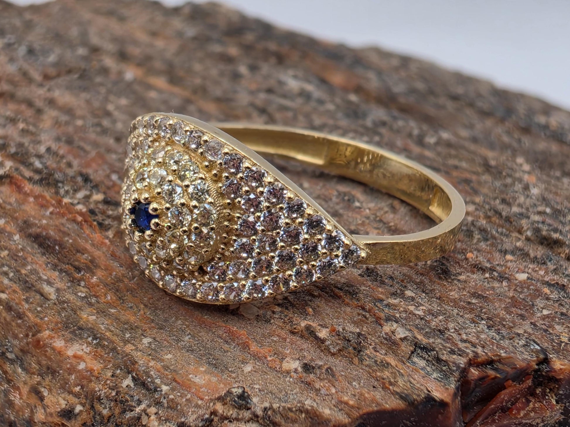 14K Yellow Gold CZ Pave Dome Ring | Blue Accent Cocktail Ring | Size 8 | Cubic Zirconia Statement Band | Gift for Her