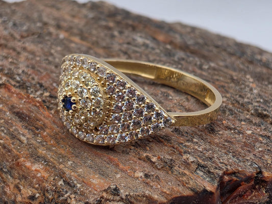14K Yellow Gold CZ Pave Dome Ring | Blue Accent Cocktail Ring | Size 8 | Cubic Zirconia Statement Band | Gift for Her