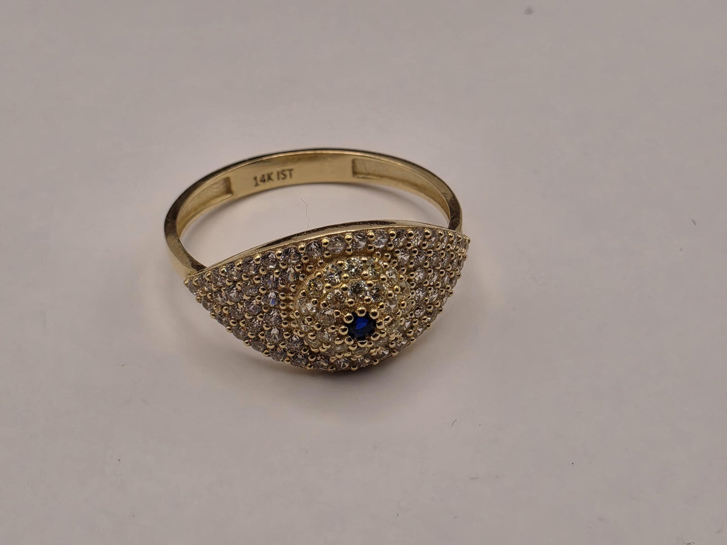 14K Yellow Gold CZ Pave Dome Ring | Blue Accent Cocktail Ring | Size 8 | Cubic Zirconia Statement Band | Gift for Her