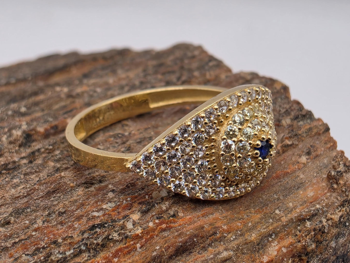 14K Yellow Gold CZ Pave Dome Ring | Blue Accent Cocktail Ring | Size 8 | Cubic Zirconia Statement Band | Gift for Her
