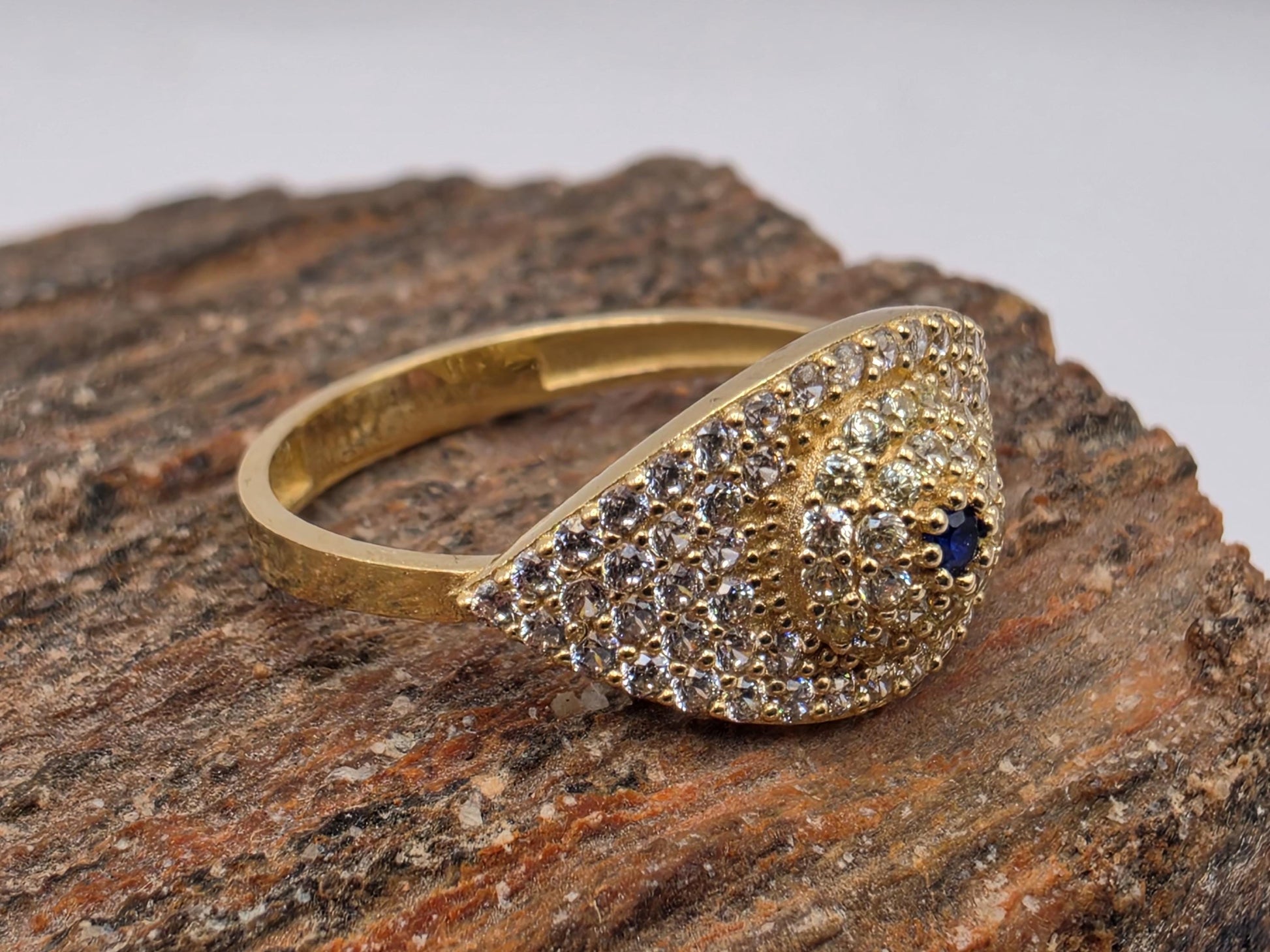 14K Yellow Gold CZ Pave Dome Ring | Blue Accent Cocktail Ring | Size 8 | Cubic Zirconia Statement Band | Gift for Her