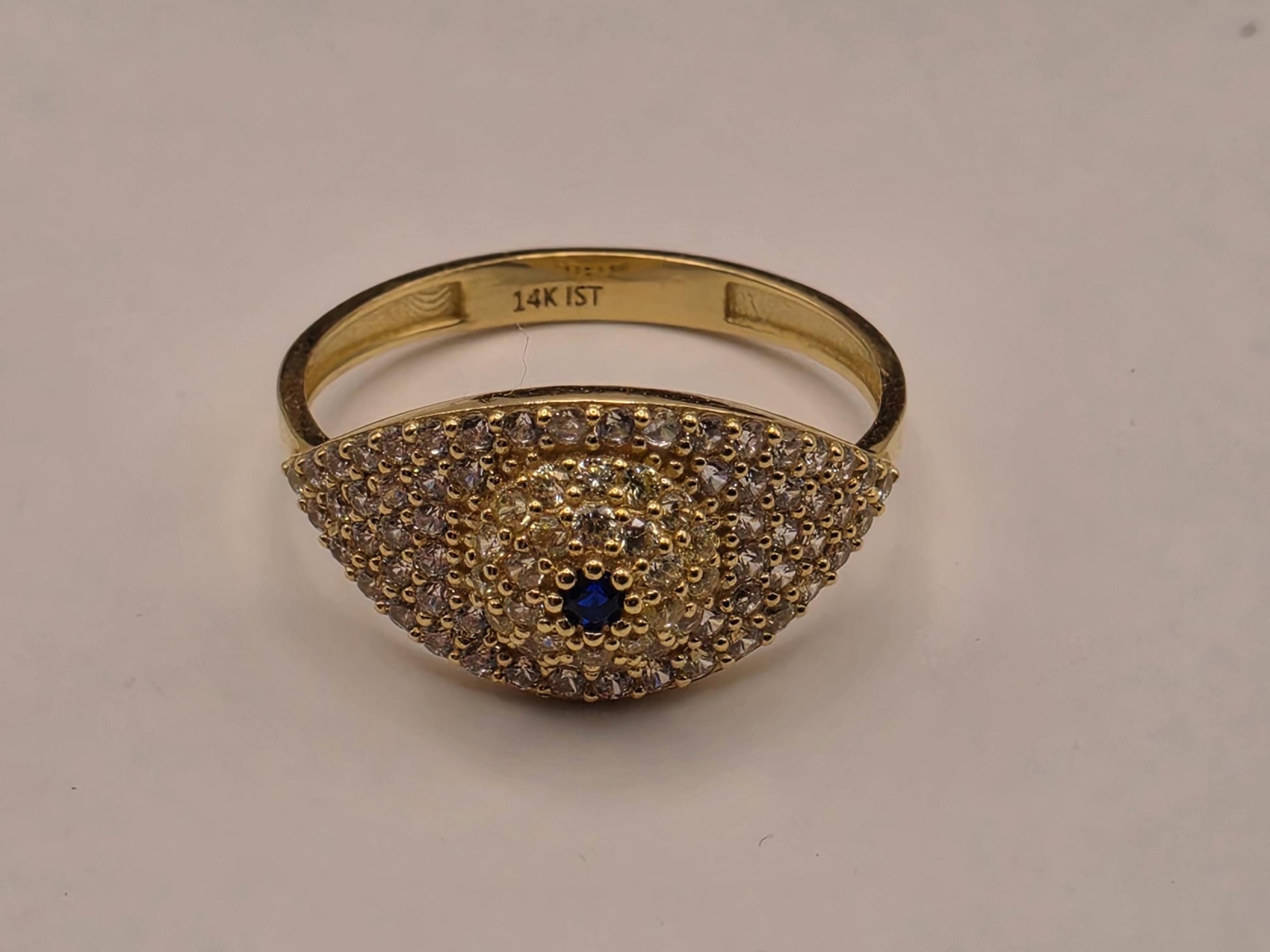 14K Yellow Gold CZ Pave Dome Ring | Blue Accent Cocktail Ring | Size 8 | Cubic Zirconia Statement Band | Gift for Her