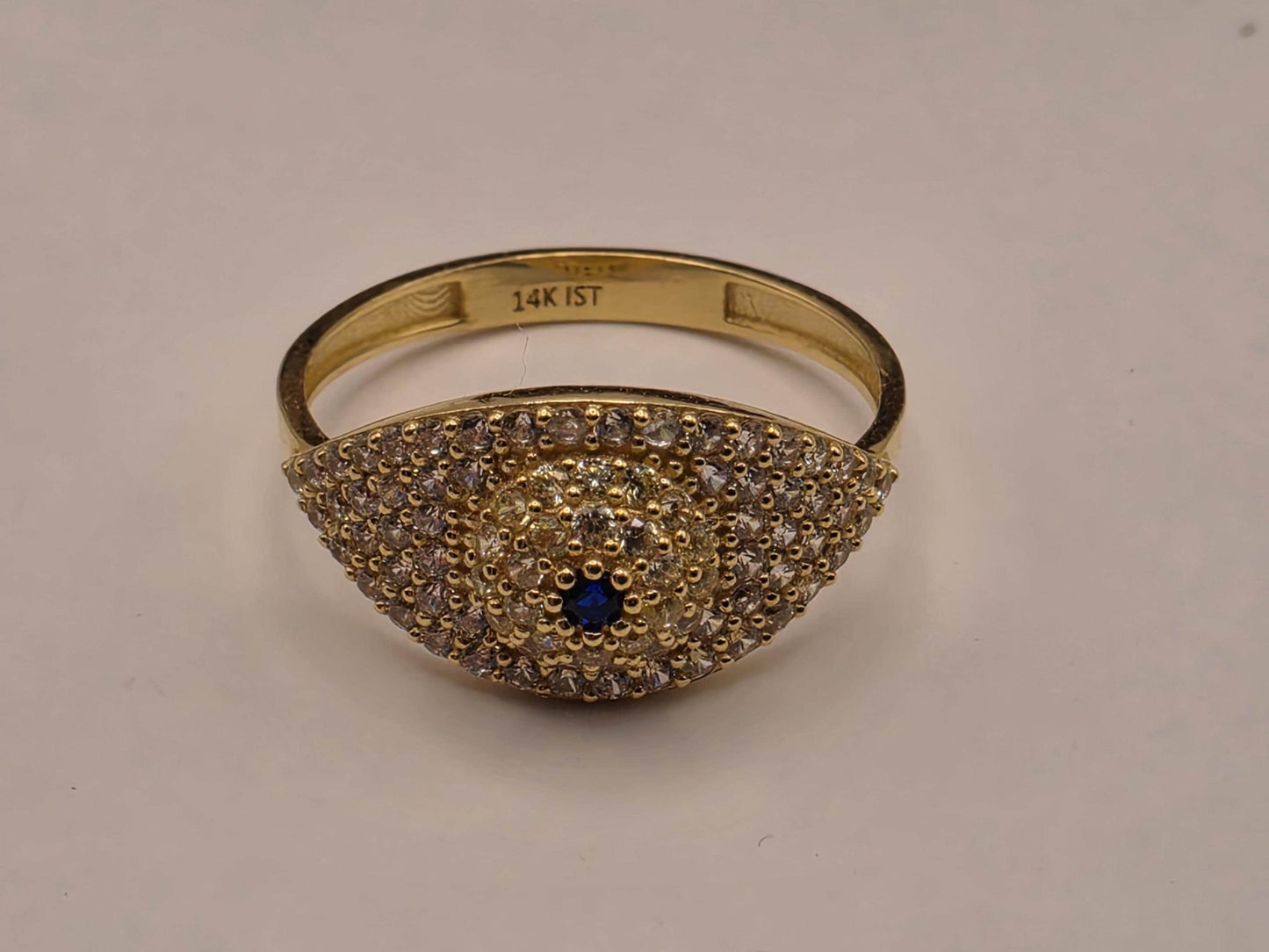 14K Yellow Gold CZ Pave Dome Ring | Blue Accent Cocktail Ring | Size 8 | Cubic Zirconia Statement Band | Gift for Her