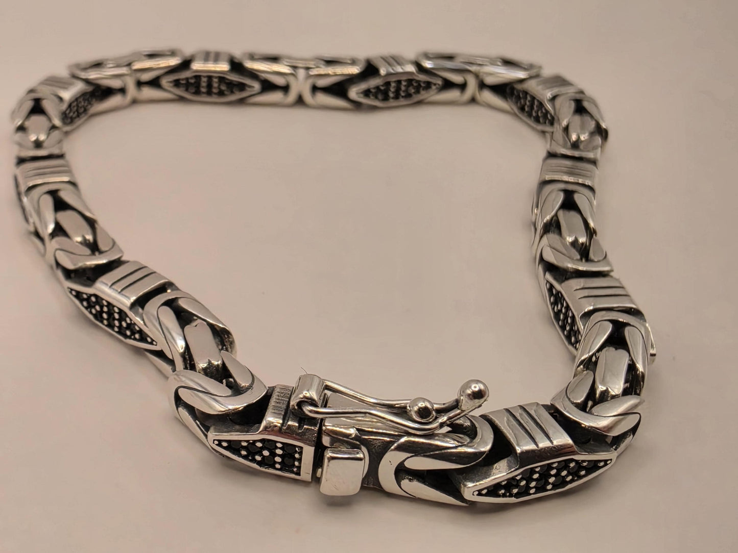 Solid 925 Sterling Silver Geometric Station Bracelet 5mm Mens Oxidized Dotwork Bali Link 8 Inch 21.4 Grams Gift for Him
