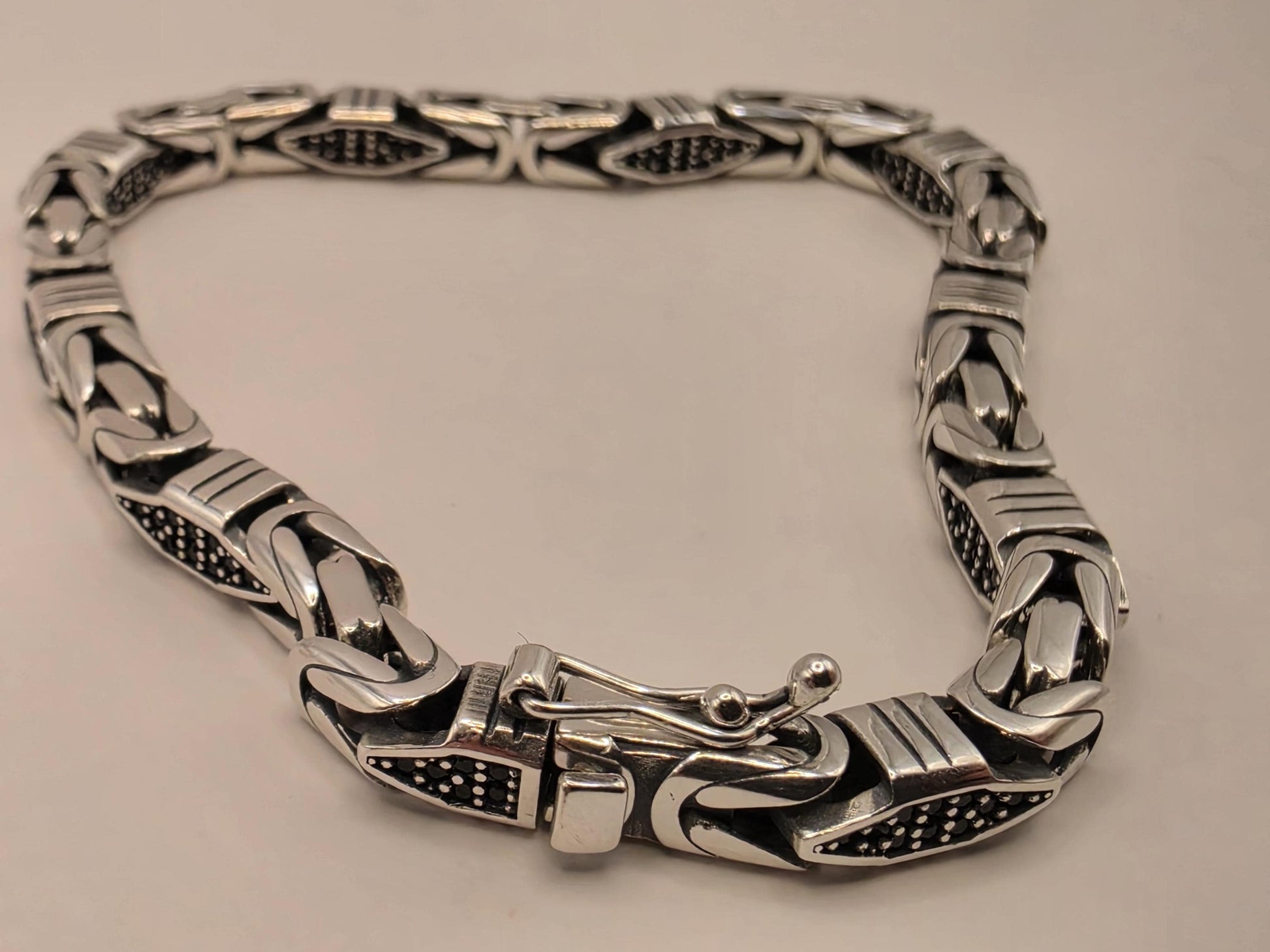 Solid 925 Sterling Silver Geometric Station Bracelet 5mm Mens Oxidized Dotwork Bali Link 8 Inch 21.4 Grams Gift for Him