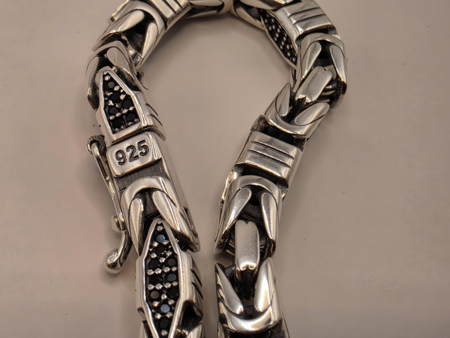 Solid 925 Sterling Silver Geometric Station Bracelet 5mm Mens Oxidized Dotwork Bali Link 8 Inch 21.4 Grams Gift for Him