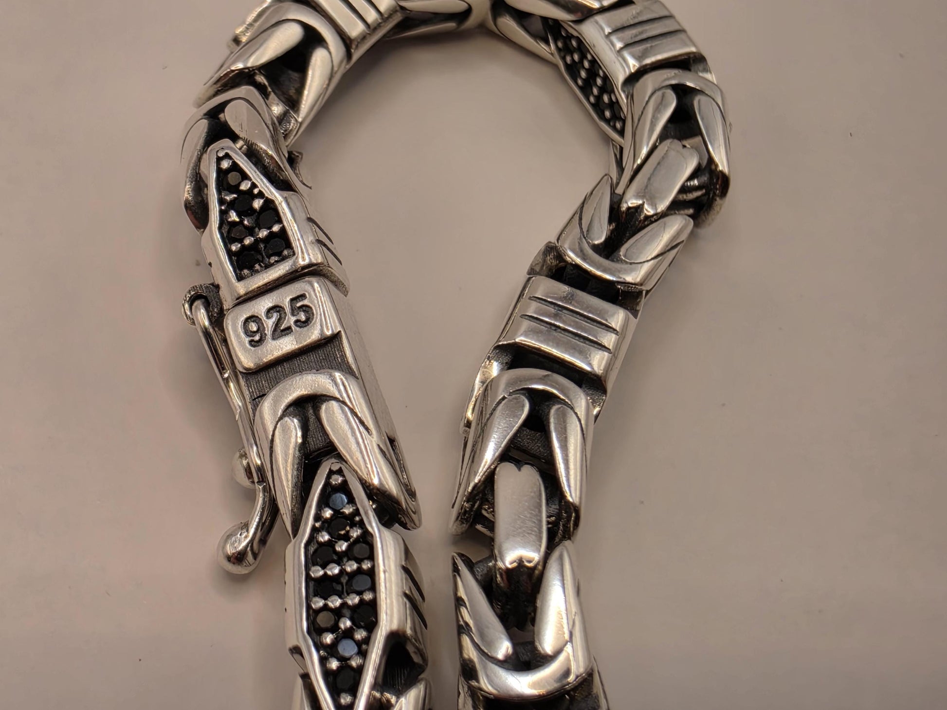 Solid 925 Sterling Silver Geometric Station Bracelet 5mm Mens Oxidized Dotwork Bali Link 8 Inch 21.4 Grams Gift for Him