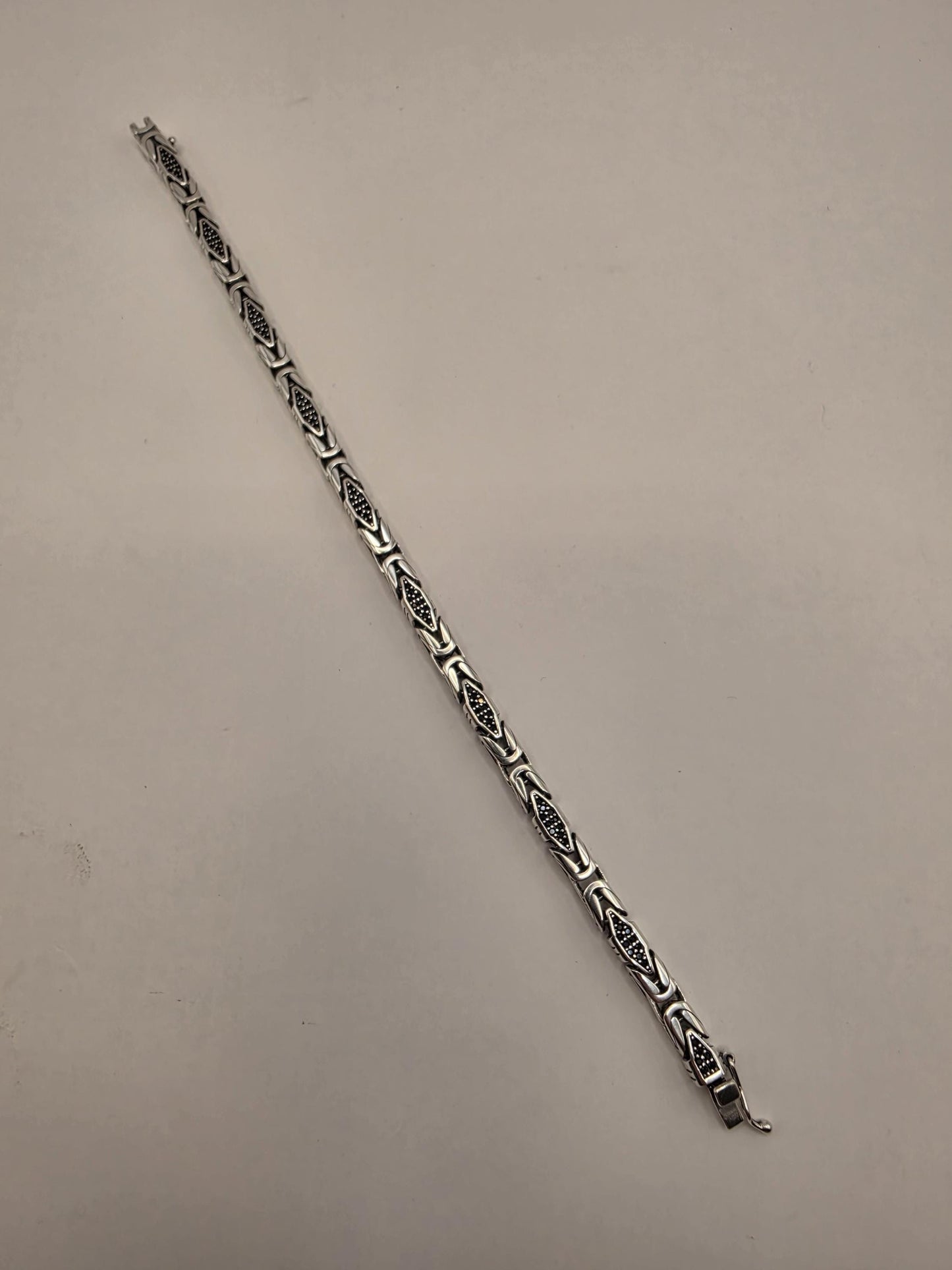 Solid 925 Sterling Silver Geometric Station Bracelet 5mm Mens Oxidized Dotwork Bali Link 8 Inch 21.4 Grams Gift for Him