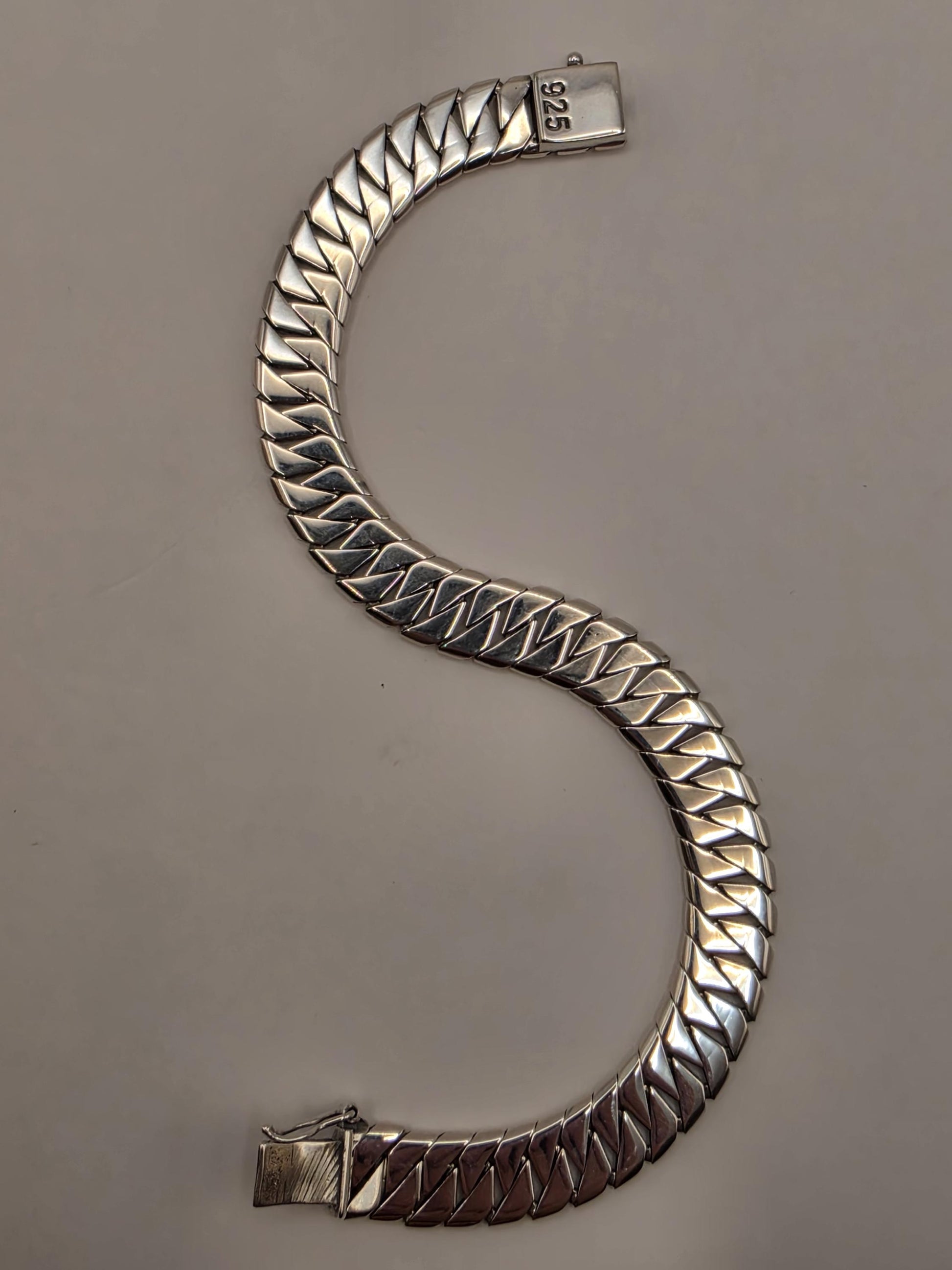 Solid 925 Sterling Silver Fancy Link Bracelet 9.5mm Mens Heavy Diagonal Panther Style 8 Inch 23.5 Grams High Polish Gift for Him Boyfriend