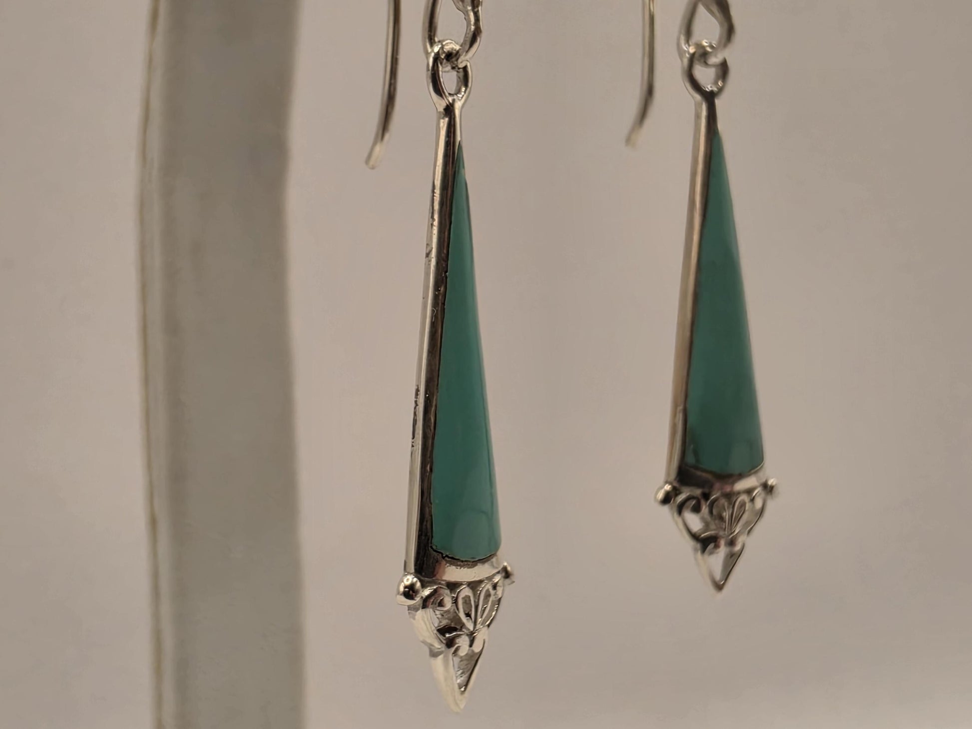 Genuine Turquoise Dangle Earrings Sterling Silver Long Triangle Drop Filigree Heart Detail 1.25 Inch Lightweight Boho Southwest Gift for Her