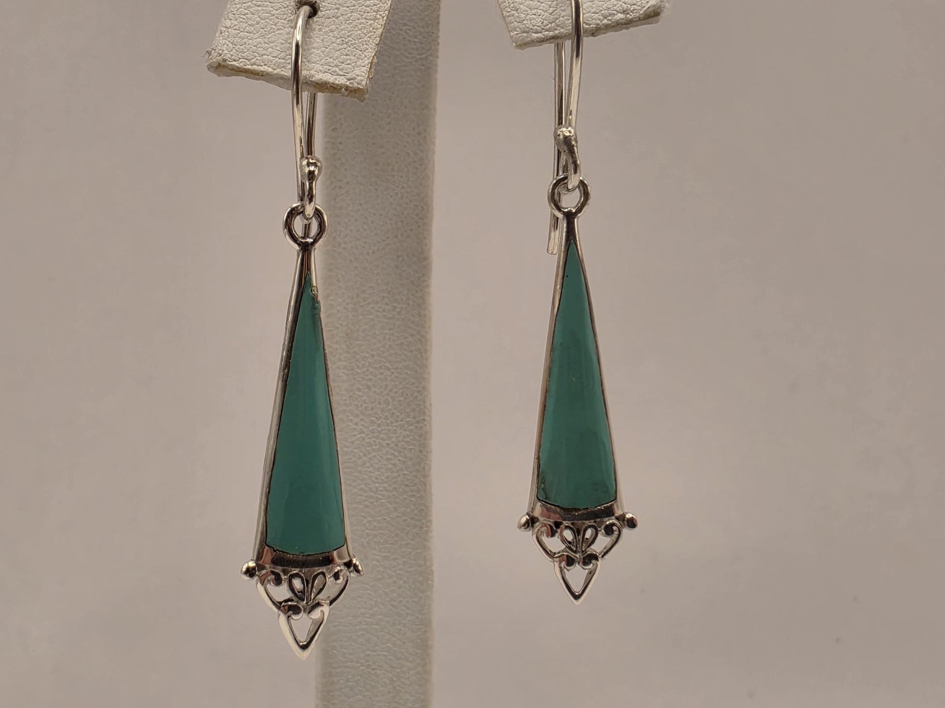 Genuine Turquoise Dangle Earrings Sterling Silver Long Triangle Drop Filigree Heart Detail 1.25 Inch Lightweight Boho Southwest Gift for Her