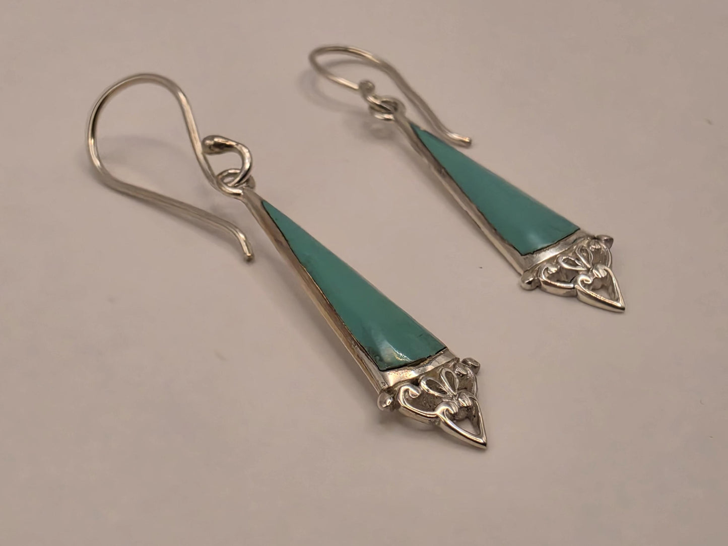 Genuine Turquoise Dangle Earrings Sterling Silver Long Triangle Drop Filigree Heart Detail 1.25 Inch Lightweight Boho Southwest Gift for Her