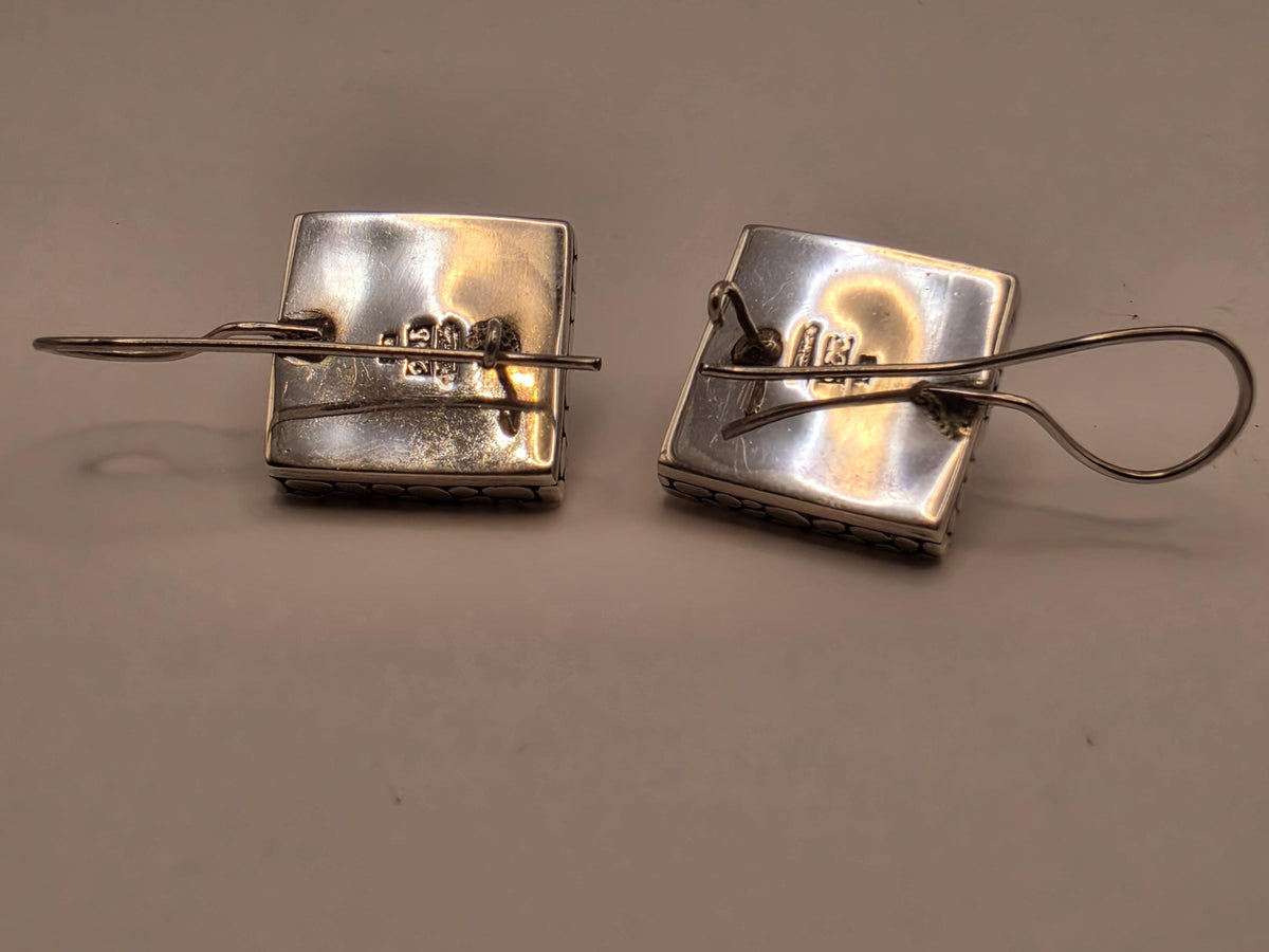 Black Onyx Earrings Sterling Silver Square Pebble Texture Frame Bali Style Wire Drop 0.625 Inch Modern Statement Gift for Her
