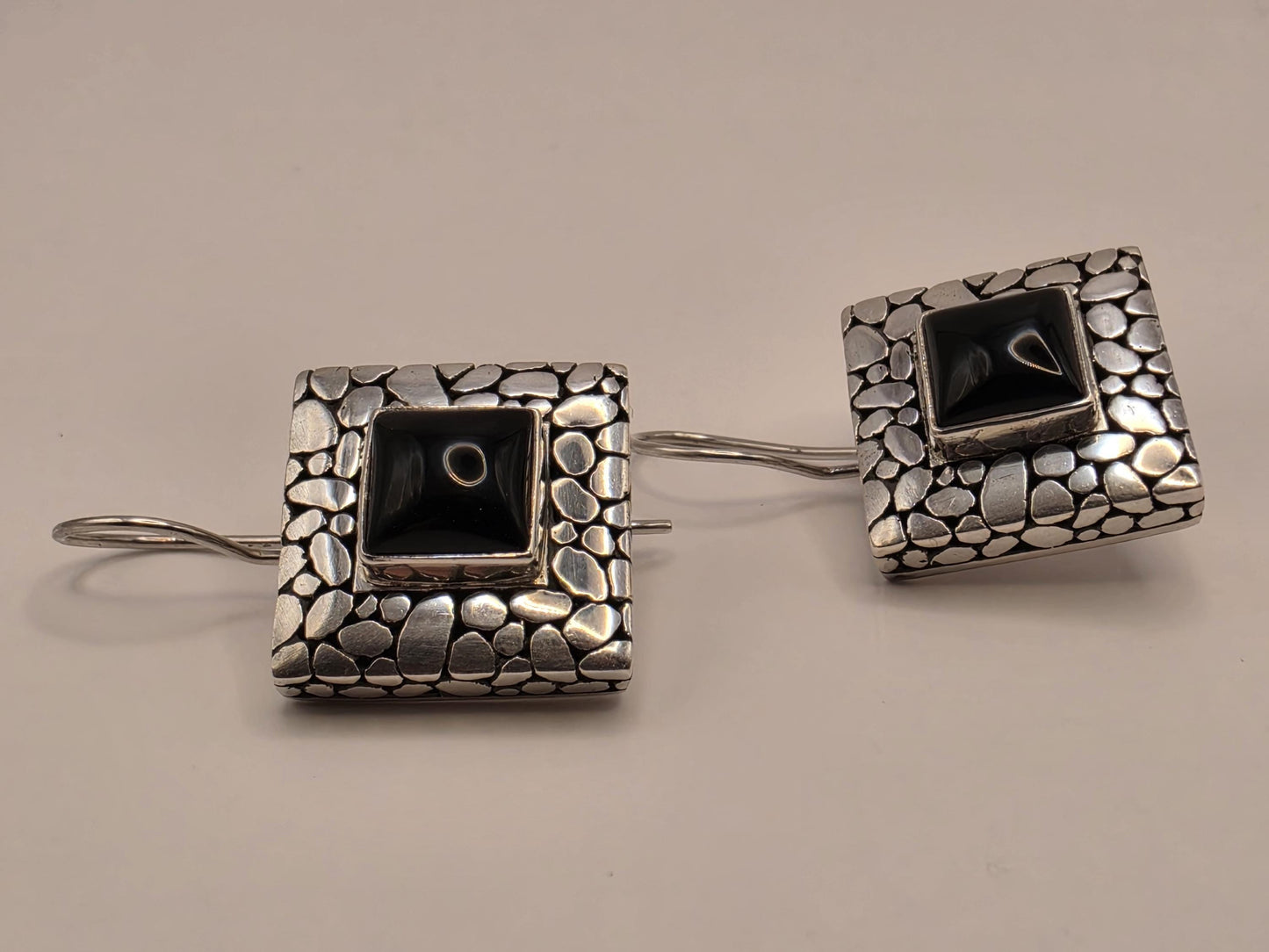 Black Onyx Earrings Sterling Silver Square Pebble Texture Frame Bali Style Wire Drop 0.625 Inch Modern Statement Gift for Her