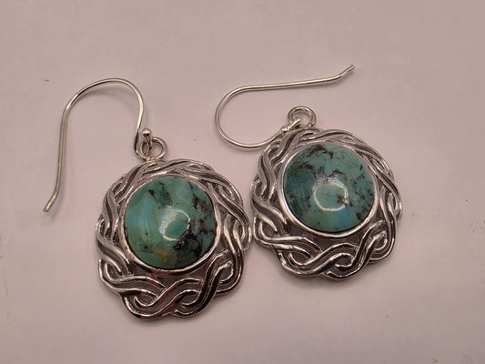 Genuine Turquoise Earrings Sterling Silver Celtic Knot Woven Frame Round Cabochon Dangle 1 Inch Natural Matrix Southwest Boho Gift for Her