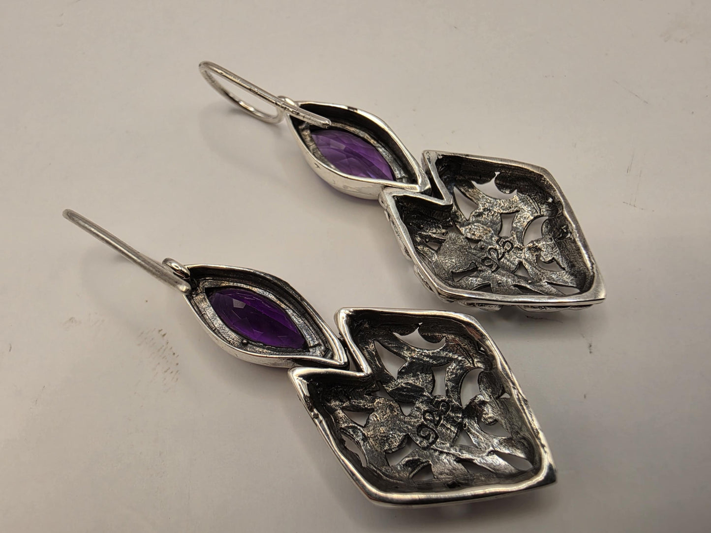 Genuine Amethyst Earrings Sterling Silver Marquise Cut Bali Scrollwork Kite Drop 1.375 Inch Purple Faceted February Birthstone Gift for Her
