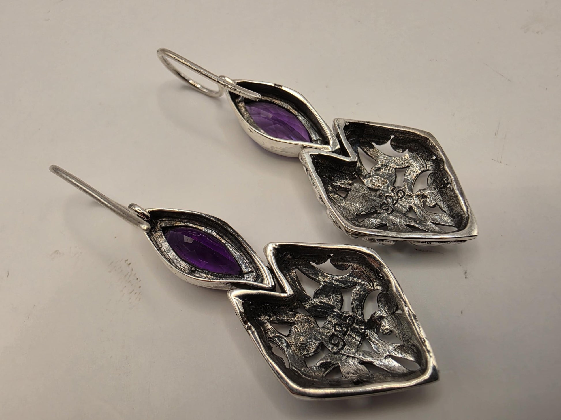 Genuine Amethyst Earrings Sterling Silver Marquise Cut Bali Scrollwork Kite Drop 1.375 Inch Purple Faceted February Birthstone Gift for Her