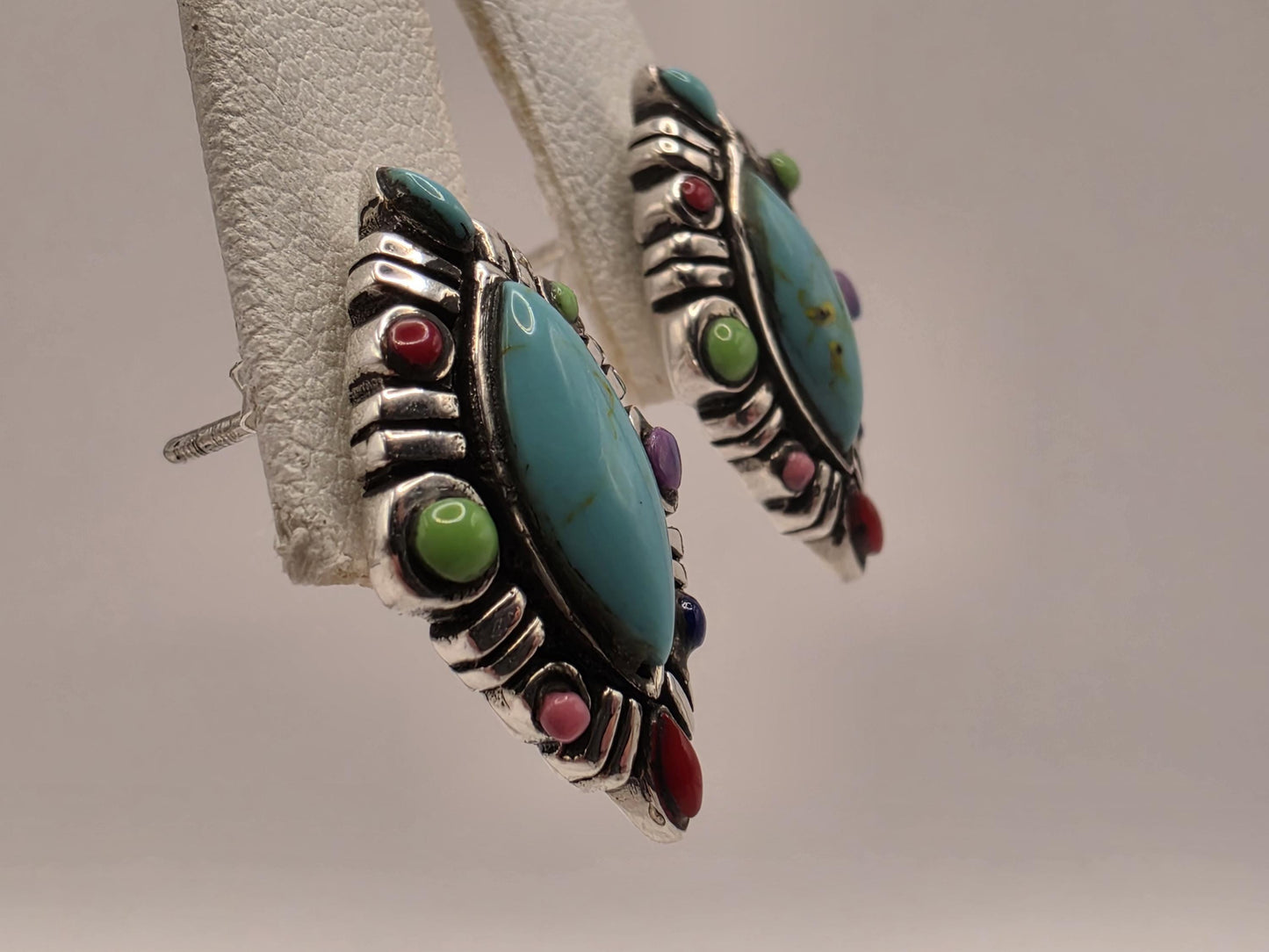 Turquoise Multi Stone Stud Earrings Sterling Silver Marquise Southwest Cluster Colorful Accent Stones 0.75 Inch Post Back Gift for Her