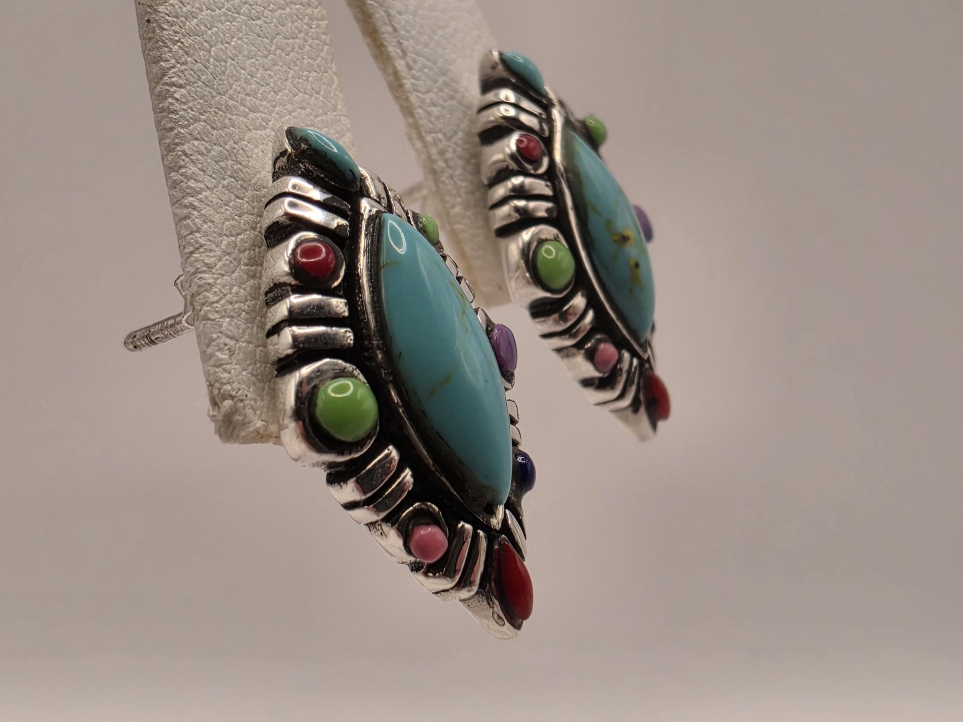 Turquoise Multi Stone Stud Earrings Sterling Silver Marquise Southwest Cluster Colorful Accent Stones 0.75 Inch Post Back Gift for Her