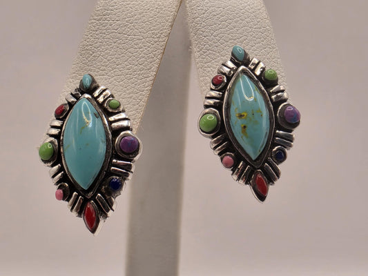 Turquoise Multi Stone Stud Earrings Sterling Silver Marquise Southwest Cluster Colorful Accent Stones 0.75 Inch Post Back Gift for Her