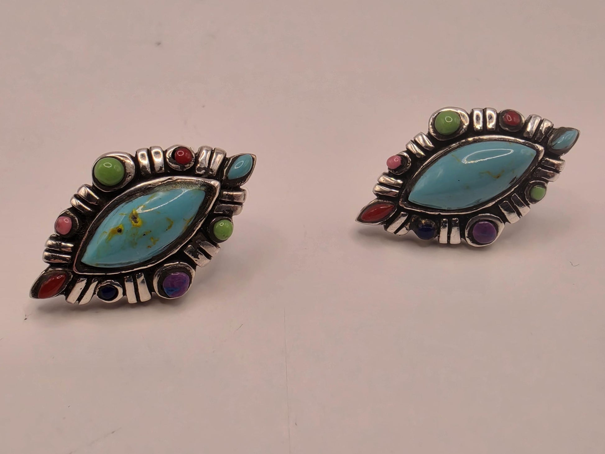 Turquoise Multi Stone Stud Earrings Sterling Silver Marquise Southwest Cluster Colorful Accent Stones 0.75 Inch Post Back Gift for Her