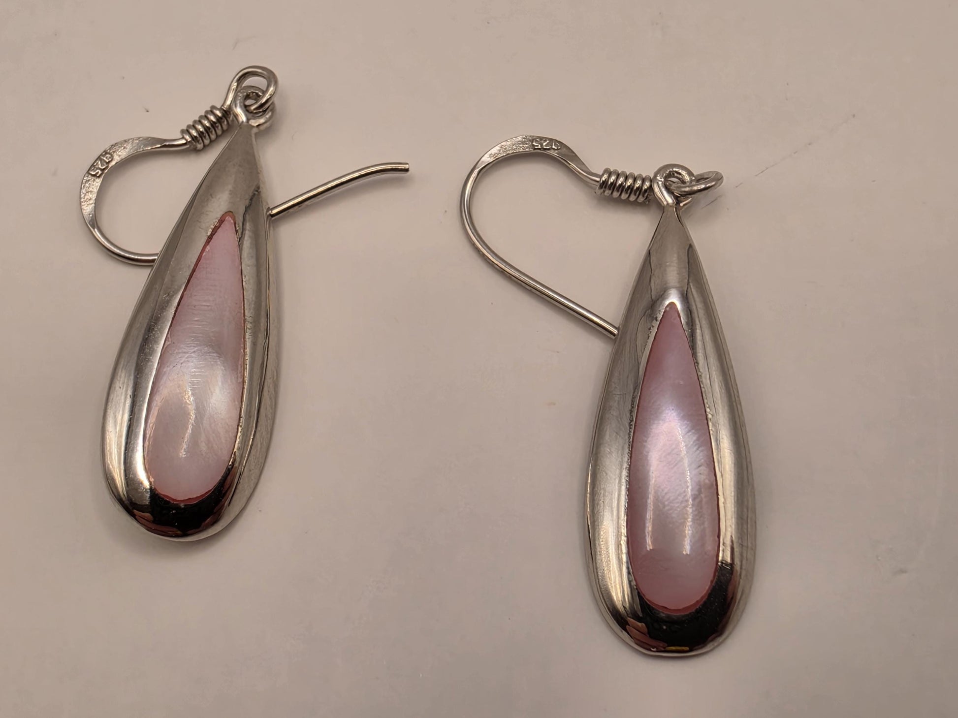 Pink Mother of Pearl Earrings Sterling Silver Long Teardrop Inlay Drop 1 Inch Iridescent Blush Shell Lightweight Gift for Her