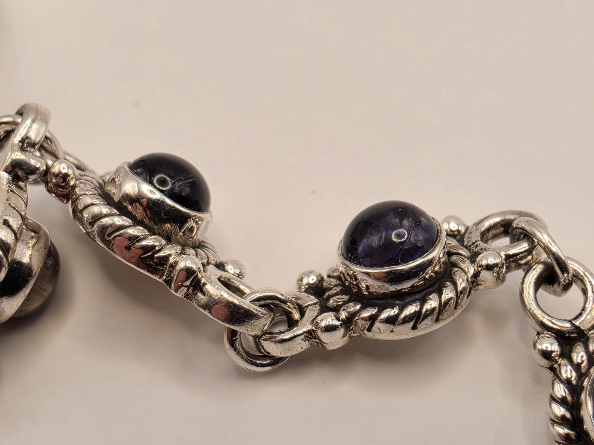 Genuine Iolite Bracelet Sterling Silver Round Cabochon Link Toggle Clasp 8 Inch Blue Violet Water Sapphire Color Bali Rope Bezels Gift Her