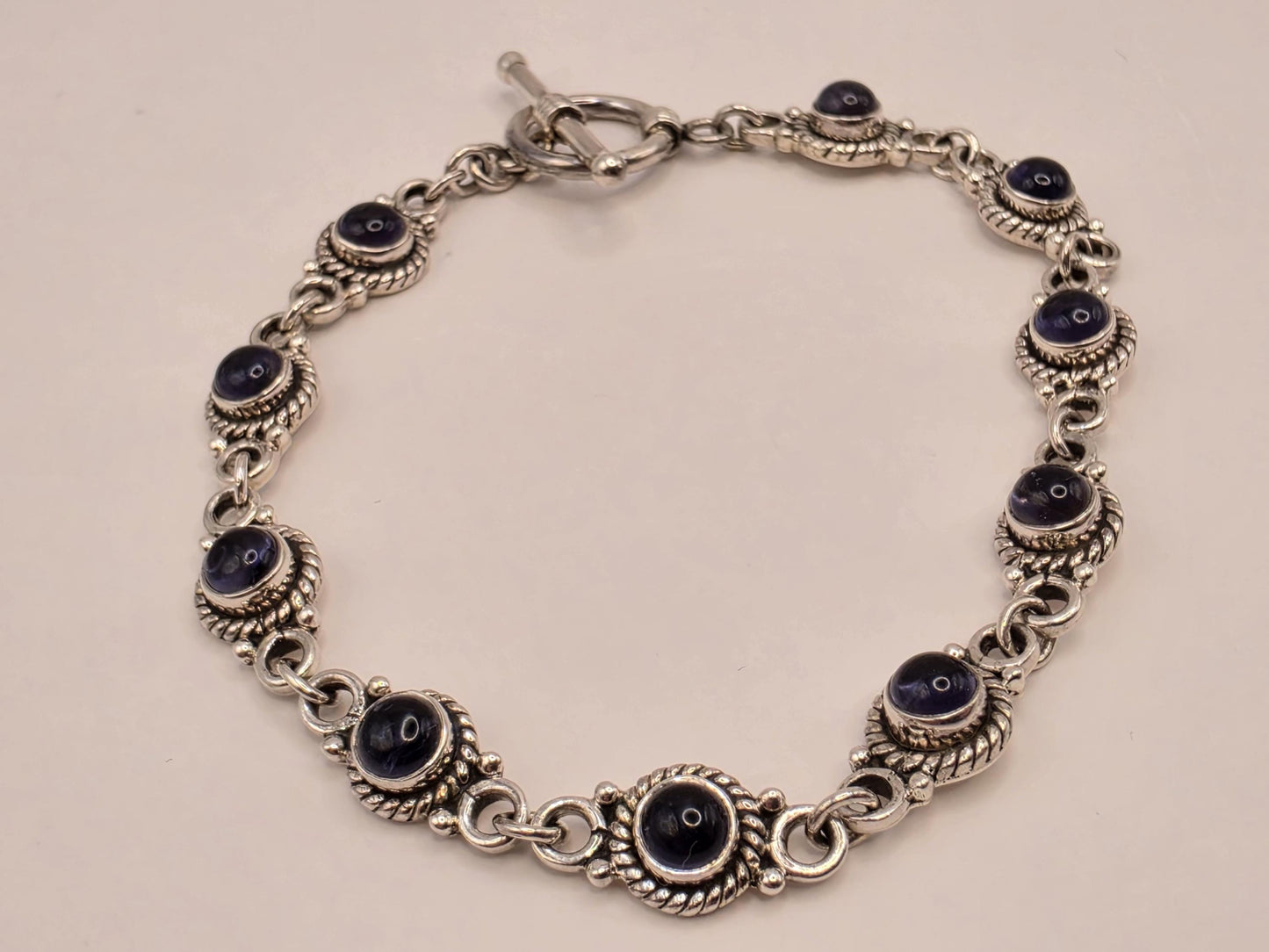 Genuine Iolite Bracelet Sterling Silver Round Cabochon Link Toggle Clasp 8 Inch Blue Violet Water Sapphire Color Bali Rope Bezels Gift Her