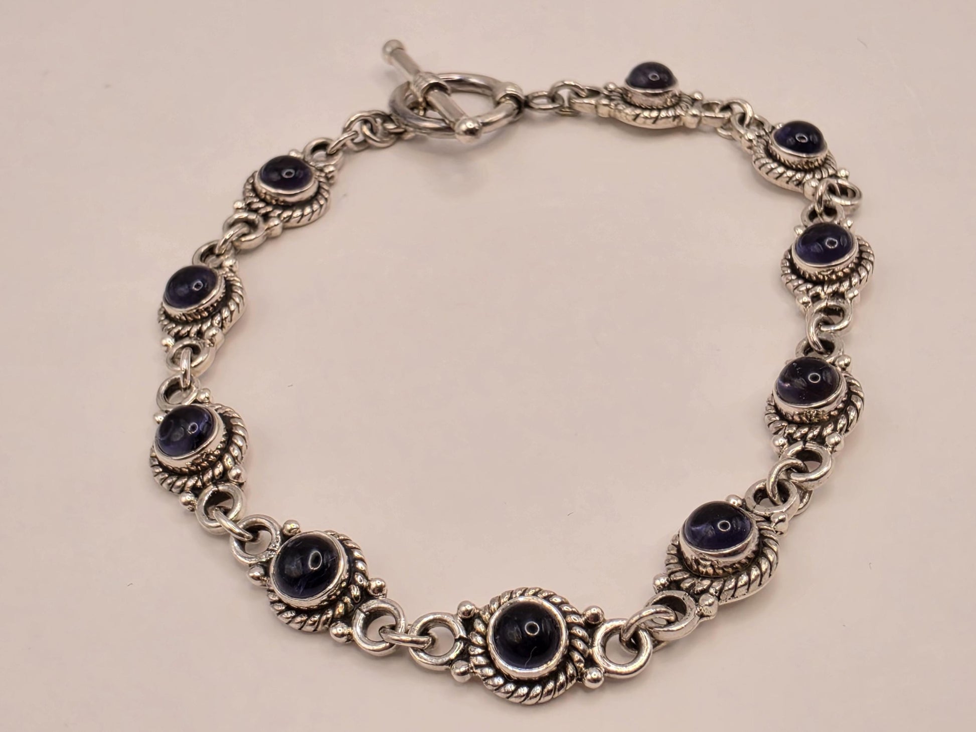 Genuine Iolite Bracelet Sterling Silver Round Cabochon Link Toggle Clasp 8 Inch Blue Violet Water Sapphire Color Bali Rope Bezels Gift Her