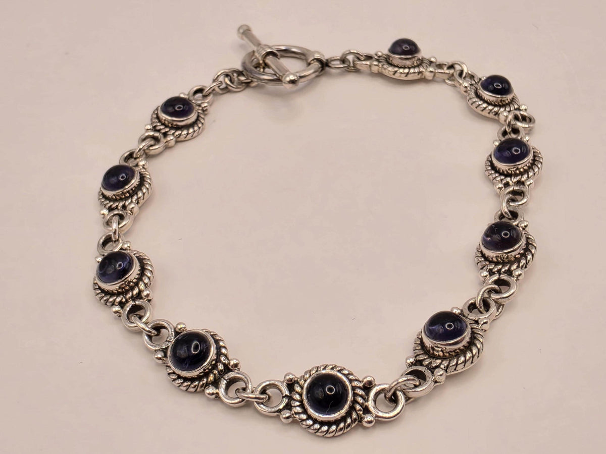 Genuine Iolite Bracelet Sterling Silver Round Cabochon Link Toggle Clasp 8 Inch Blue Violet Water Sapphire Color Bali Rope Bezels Gift Her