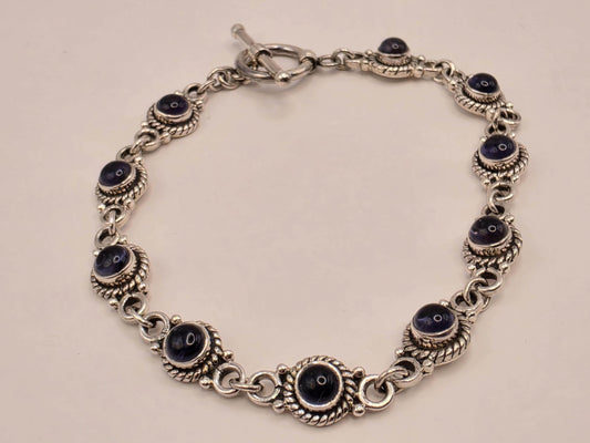 Genuine Iolite Bracelet Sterling Silver Round Cabochon Link Toggle Clasp 8 Inch Blue Violet Water Sapphire Color Bali Rope Bezels Gift Her