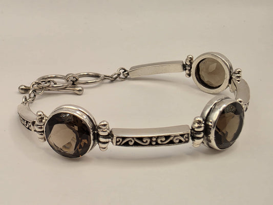 Genuine Smoky Quartz Bracelet Sterling Silver Faceted Stations Oxidized Scrollwork Toggle 7.5 Inch Brown Gemstone Gift for Her or Him